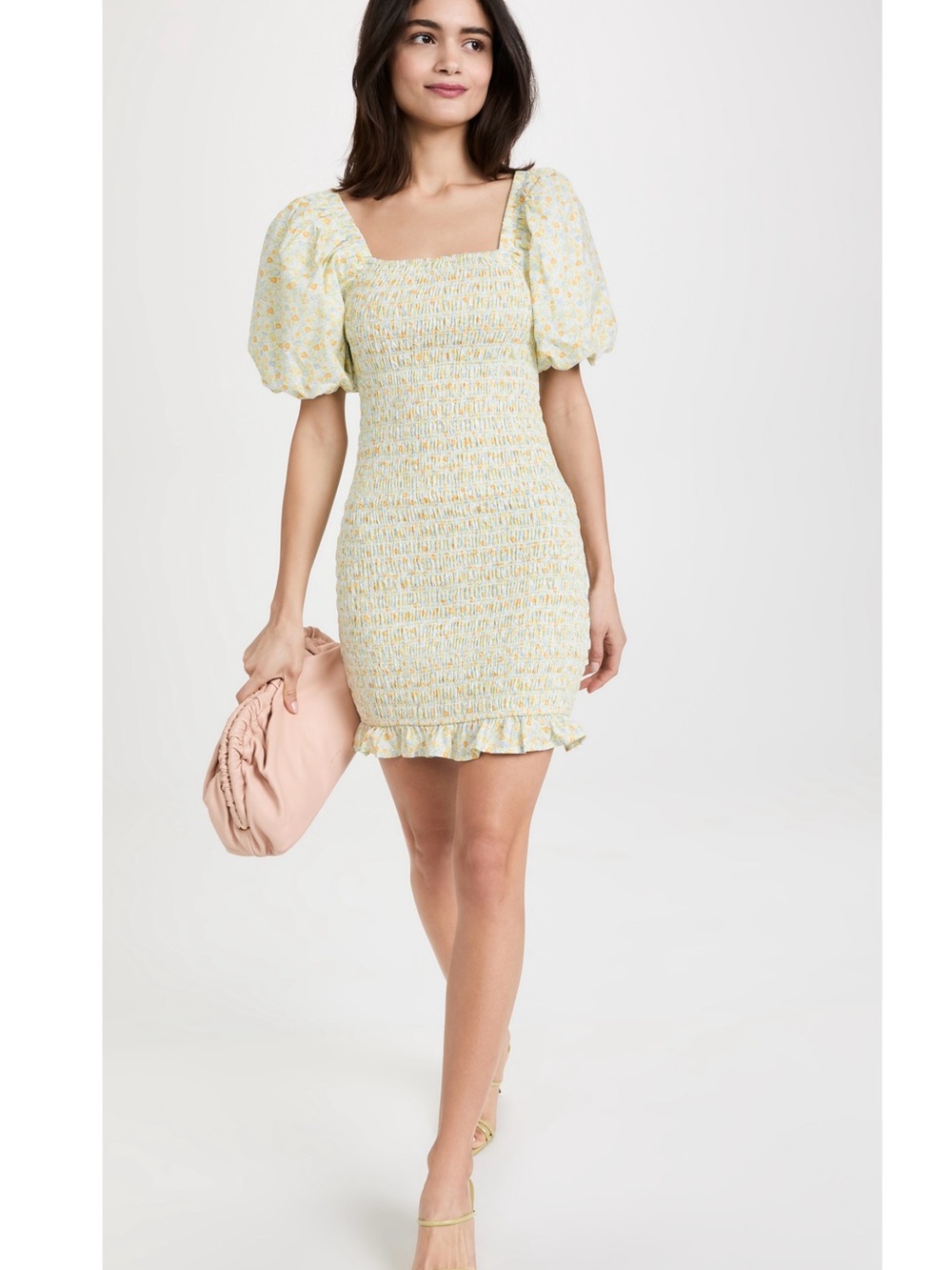 English Factory Light Yellow Floral Smocked Puff-Sleeve Mini Dress